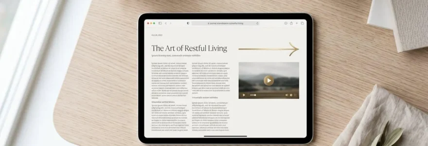 Navigateur web ouvert sur un article de texte dense avec une flèche dorée élégante pointant vers une interface de lecteur vidéo fluide et lumineuse