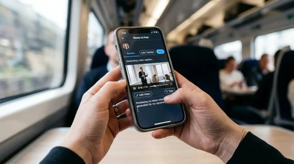 Des mains tenant un smartphone moderne avec un aperçu de vidéo générée prête à être publiée sur un réseau social professionnel Des mains tenant un smartphone moderne avec un aperçu de vidéo générée prête à être publiée sur un réseau social professionnel