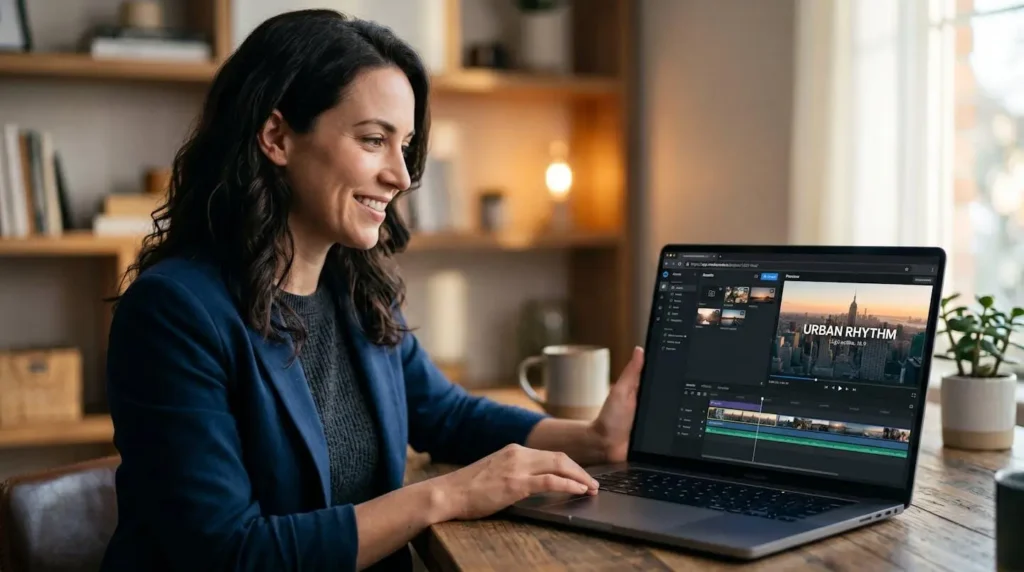 Un professionnel souriant travaille sur un ordinateur portable avec à gauche une interface affichant une URL collée et à droite un aperçu de la vidéo générée Un professionnel souriant travaille sur un ordinateur portable avec à gauche une interface affichant une URL collée et à droite un aperçu de la vidéo générée